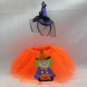 Brand New Custom Neon Orange Halloween Witch Tutu with Headband Hat